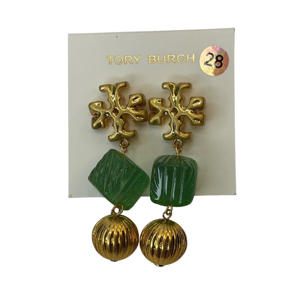 Tory Burch Gold Green Resin Double T Logo Drop Dangle Earrings Statement NWT
